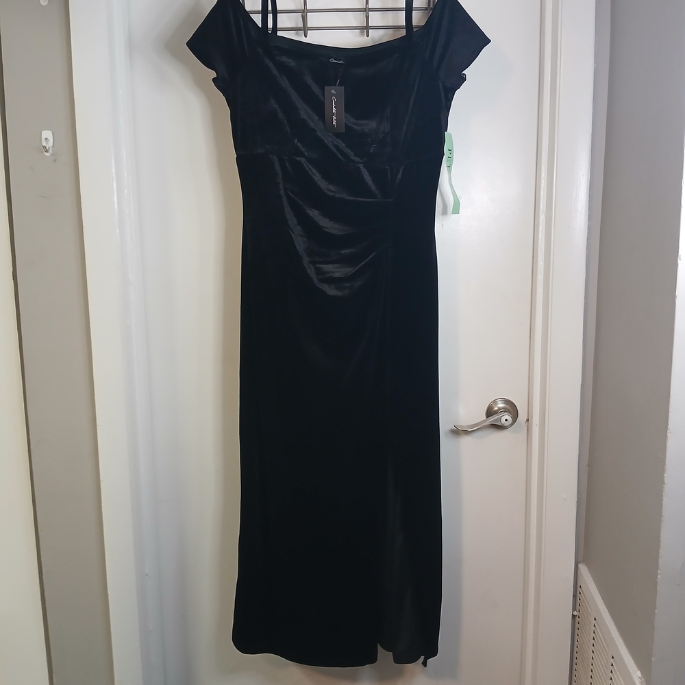 Candalite Petite Chic Black Velvet Off-Shoulder Ruched Dress MP New!